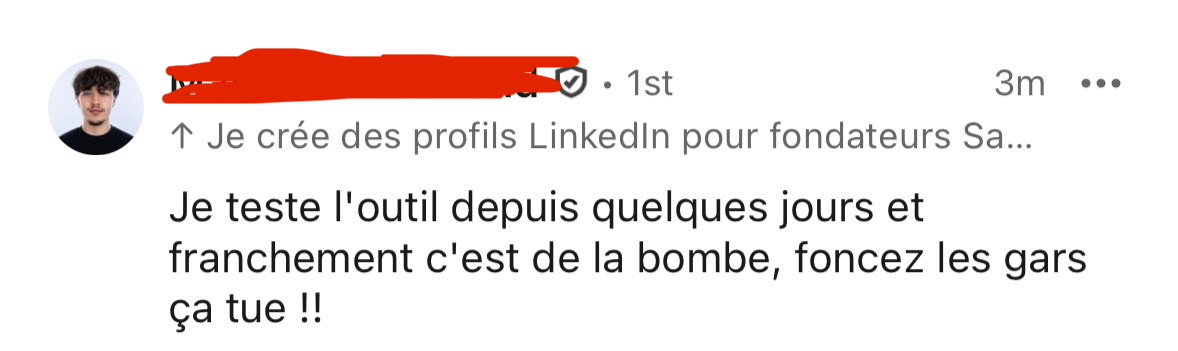 Message d'un utilisateur qui crée des profils LinkedIn pour fondateurs recommandant InKognito