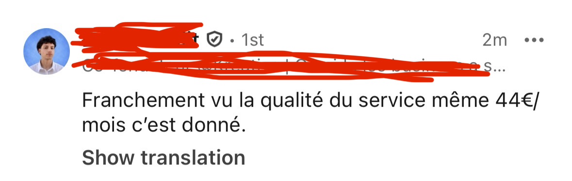 Commentaire LinkedIn d'un utilisateur sur le rapport qualité-prix d'InKognito