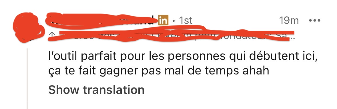 Commentaire LinkedIn recommandant InKognito aux personnes qui débutent