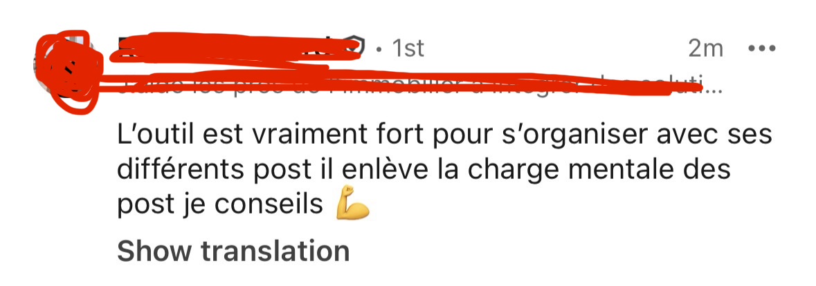 Commentaire LinkedIn sur l'organisation et la charge mentale gagnées avec InKognito