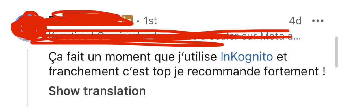 Commentaire LinkedIn d'un utilisateur recommandant fortement InKognito
