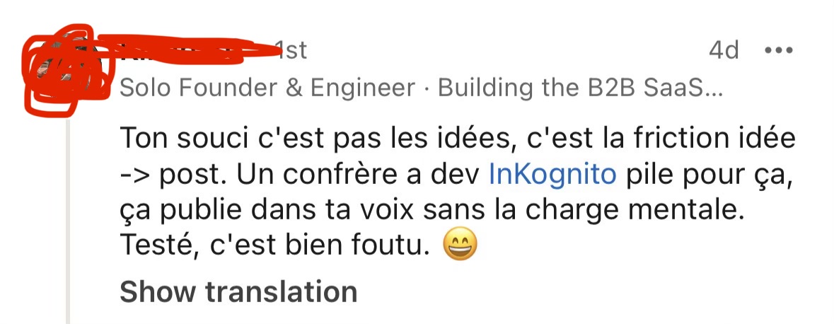 Commentaire LinkedIn sur le passage des idées aux posts avec InKognito