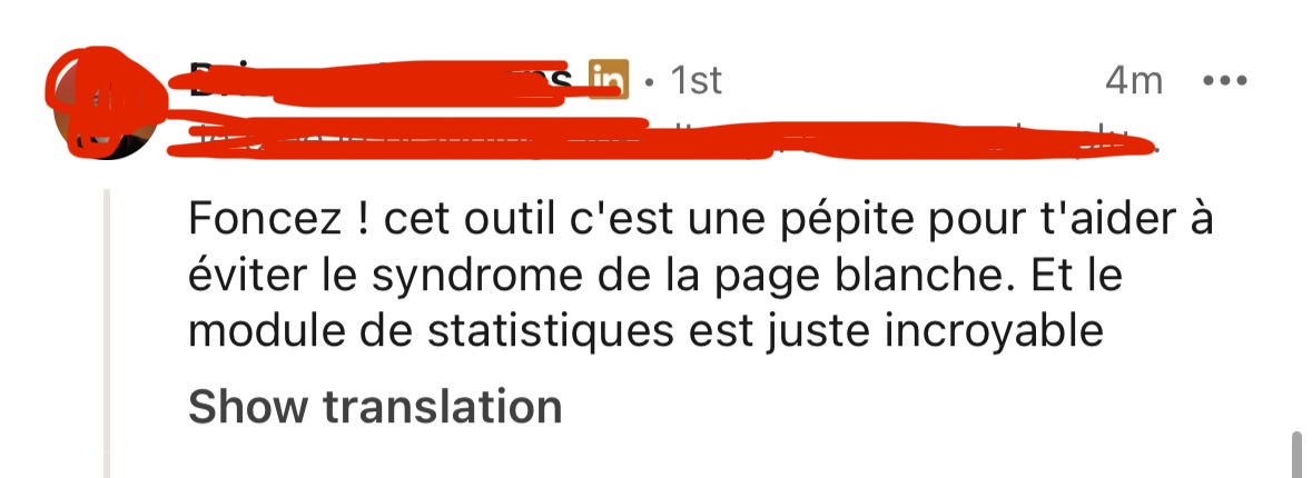 Commentaire LinkedIn recommandant InKognito pour éviter la page blanche et suivre ses statistiques