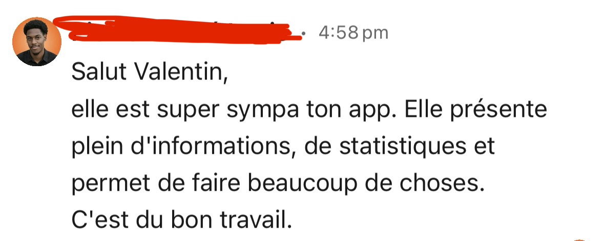 Message privé d'un utilisateur complimentant l'app InKognito