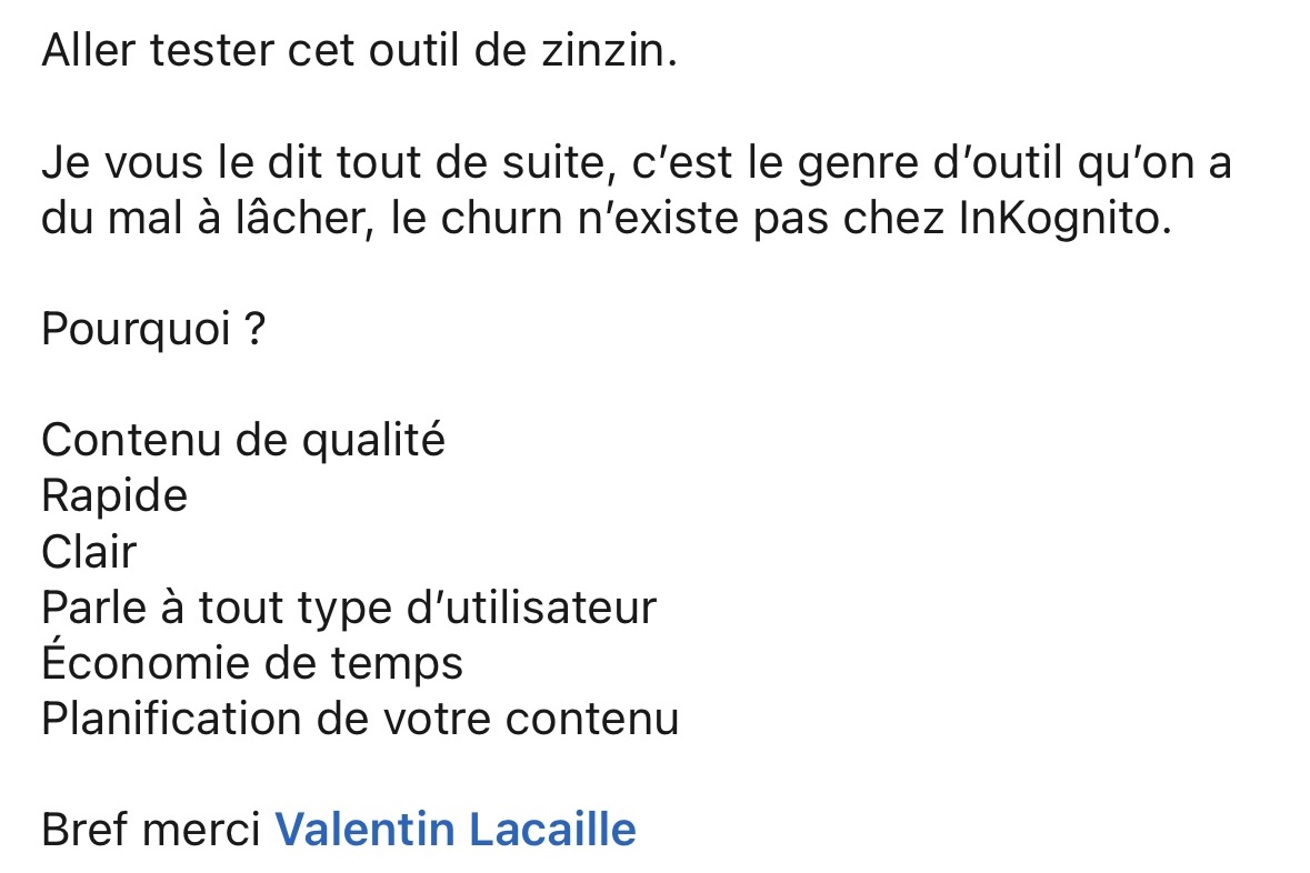 Post LinkedIn d'un utilisateur recommandant InKognito
